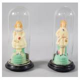 Pr of Victorian Hand-Painted Wax Figs Under Glass