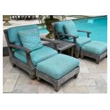 Pair Of Giati Teak Club Chairs And Ottomans