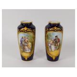 A Pair of Sevres Style Cobalt Blue Hand-Painted...