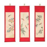 Group of 3 Chinese Hand-Painted Silk Hanging...