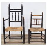2 American Country Spindle-Back Chairs Rush