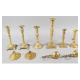 10 Antique Brass Candlesticks & Wall Sconce
