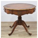 Round Mahogany Leather Top Accent Table
