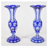 Pair Bohemian Cobalt Cased Glass Cut Clear