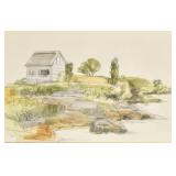 Watercolor and Ink Shoreline Landscape
