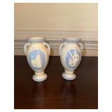 Pr of Vintage double handle Blue and White Vases