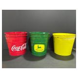 2 Coke Cola, 2 John Deer & 2 solid Yellow Buckets