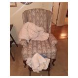 Queen Anne Chair, Magizine Rack, Bedding and Doili