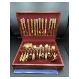 Wooden Box with Gold Tone Silverware Wooden Box with Gold Tone Silverware