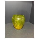 Hand-Blown Yellow/Green Bubble Glass Vase   Signed
