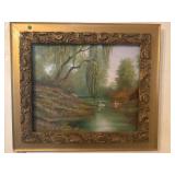 Vintage Oil on Canvas   Serene River Scene with Sw