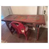 Vintage Asian Red Lacquer Console Table & Chair