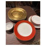 Red and Gold Trim Plates/Bowls and Gold Chargers