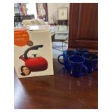 Teakettle and Set of 4 Blue Glass Mugs