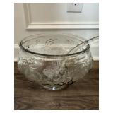 Clear Pressed Glass Punch Bowl with Fruit and Grap