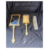 Gold Toned Mirror, Comb and Brush Set