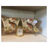 Planters, brass clock, bird