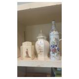 Vintage ginger jars, and rye whiskey decanter