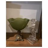 Green glass/brass bowl w/Koi fish candlestick