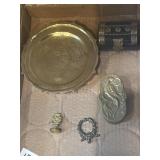 Box lot brass - hooks, trinket box, etc
