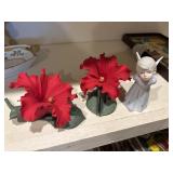 2 Vtg Capodimonte Porcelain Red Hibiscus, angel