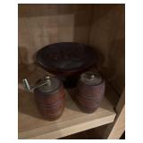 Wooden bowl and wooden salt and pepper shakers
