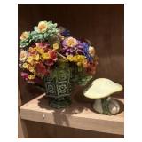 Vintage flower arrangement and ceramic mushroom