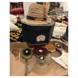 Victorian dresser sets, hat bix, hat, etc