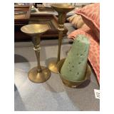 Brass candlestick holders and bowl
