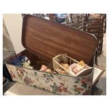 Cedar line storage box with vintage dolls