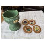 California pottery, vase and needlepoint coasters