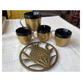 Brass pineapple trivet and mcm cups