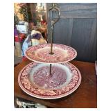 Red transferware two tiered serving tray