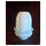 4 1/2 inch Fenton satin blue hobnail fairy lamp