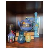 Blue glass, teapots, decanter, etc.