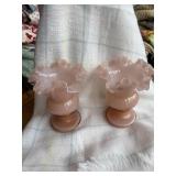2- Fenton USA Peach Pink Ruffled & Footed Glass