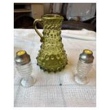 Vtg green hobnail empoli pitcher and glass s&p