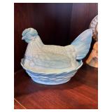 Vtg Blue Slag Glass Hen On Nest