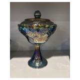 Blue Indiana Carnival Glass Lidded Pedestal