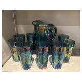 Blue Indiana Carnival Glass pitcher/8 glasses