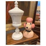 Pink poodle glasses holder and milk glass compote