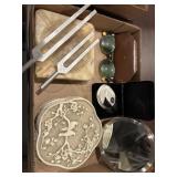 Box lot marble ashtray, tuning forks, etc