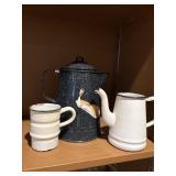 Enamelware, teapot and cup