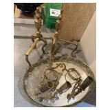Brass tray, sconces, andirons