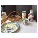 Asian accent vases, plate, basket, etc