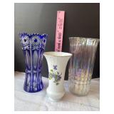 Bohemian cobalt to clear cut glass vase, etc
