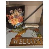 Vintage trashcan, signs