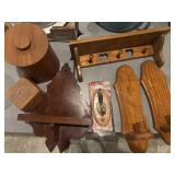 Assorted wood shelves, boxes, hooks