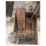 Wooden box with jeep mirrors, ax, etc