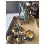Silver plate pitcher, cup, silverware and brass